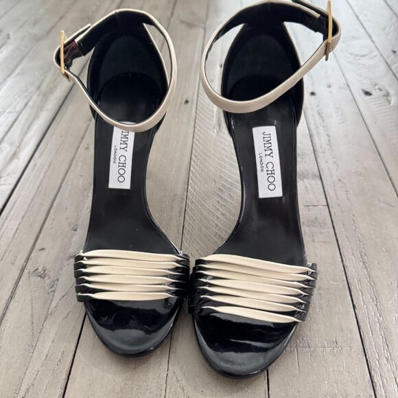 Jimmy Choo Livvi 85 Two-tone Leather Sandals Heels White Black - Picture 6 of 14